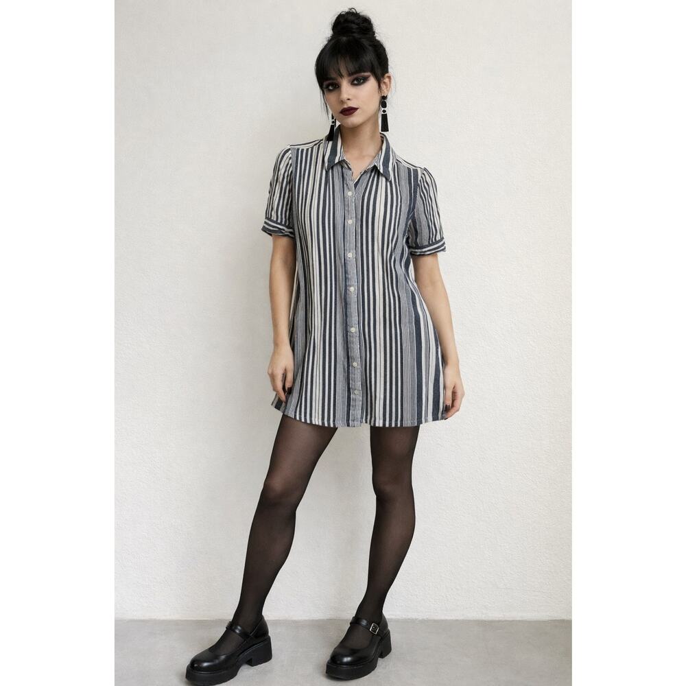F21 Y2K Style Black White Striped Mini Shirtdress Preppy‎ Grunge Sz S Rayon